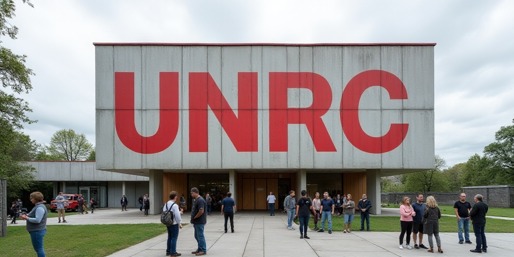 a group of people standing in front of a building with a large sign on it's side that says unrc, Aqu