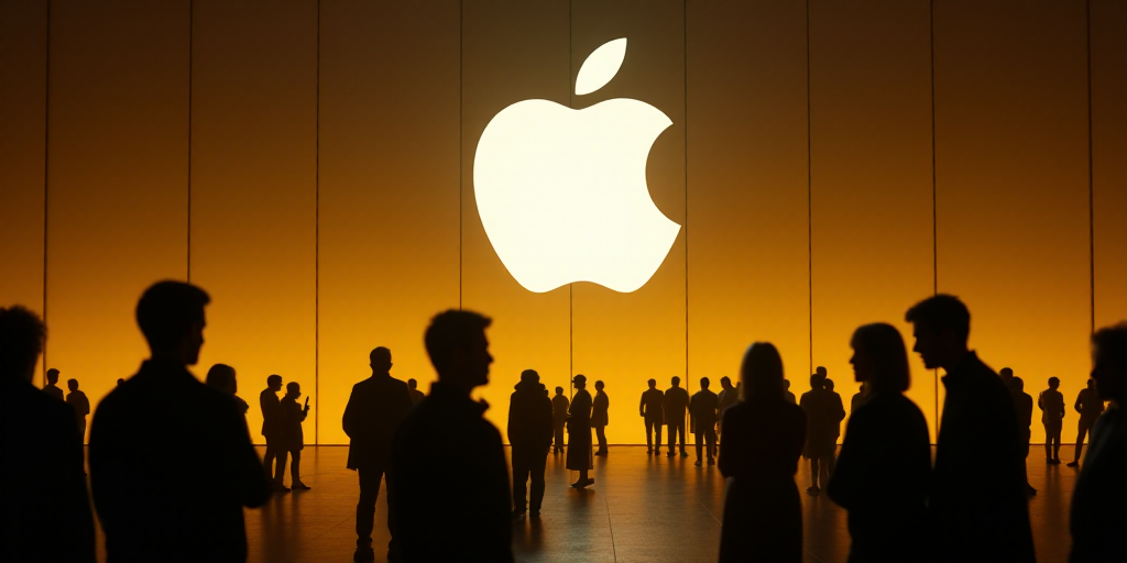 a group of people standing in front of an apple sign at night time with a yellow background and a wh