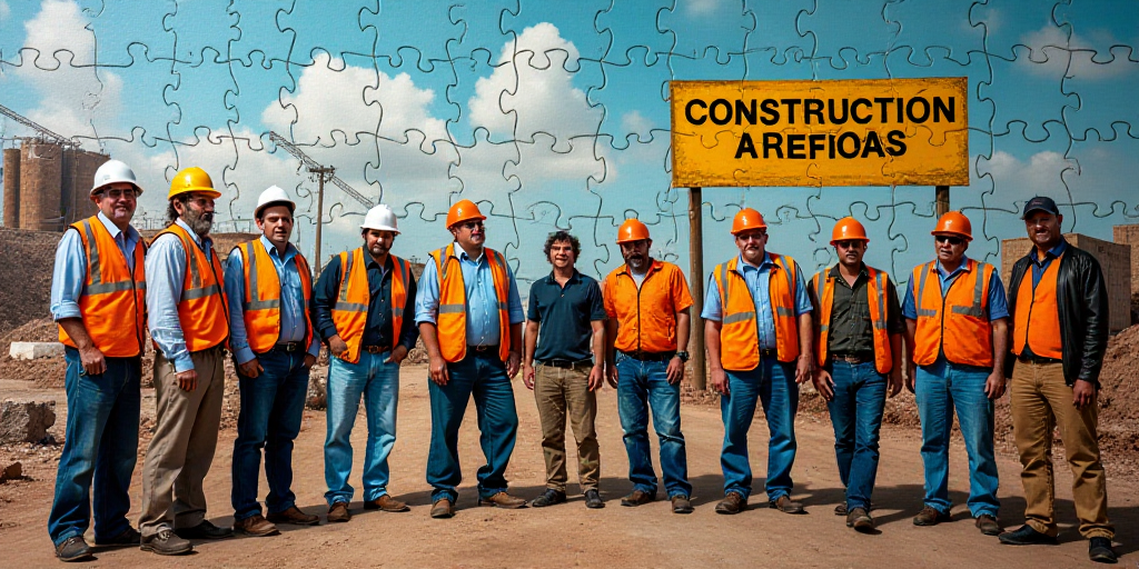 a group of people standing in front of a construction site with a sign in the background that says c