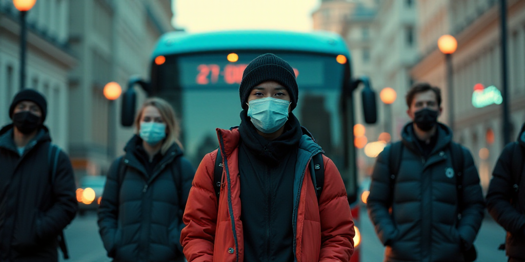 a group of people standing in front of a bus wearing face masks and standing in front of a bus, Elbr