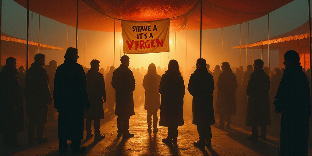a group of people standing in a room under a tent with a sign that says it's a virgin, Dahlov Ipcar,