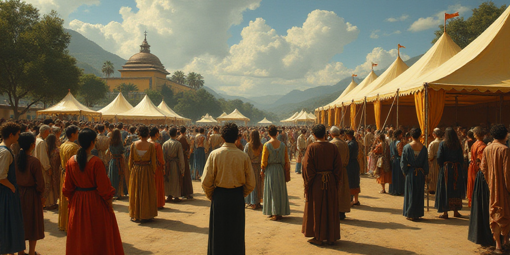 a group of people standing in front of a crowd of people in a tent area with a crowd of people in th