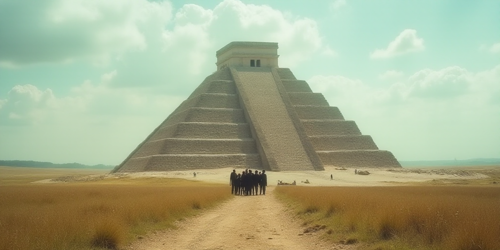 a group of people standing in front of a pyramid in a field of grass and dirt with a sky background,