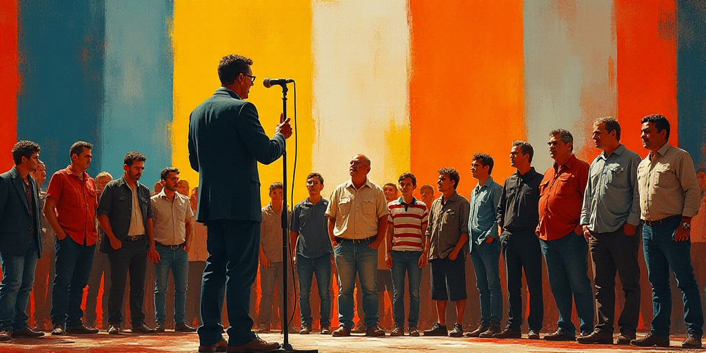 a group of people standing in front of a flag on a stage with a microphone in front of them, David A