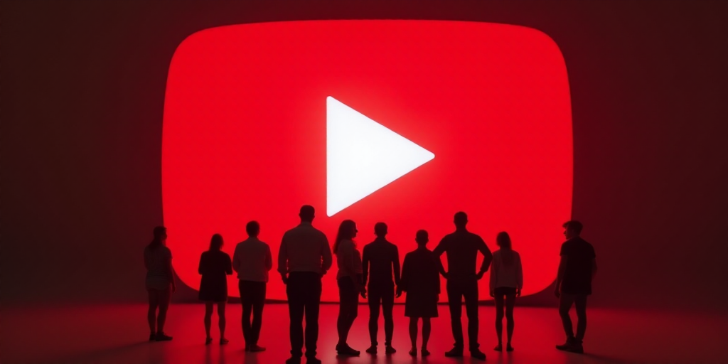 a group of people standing in front of a red play button logo with a white arrow on it's side, Ahmed