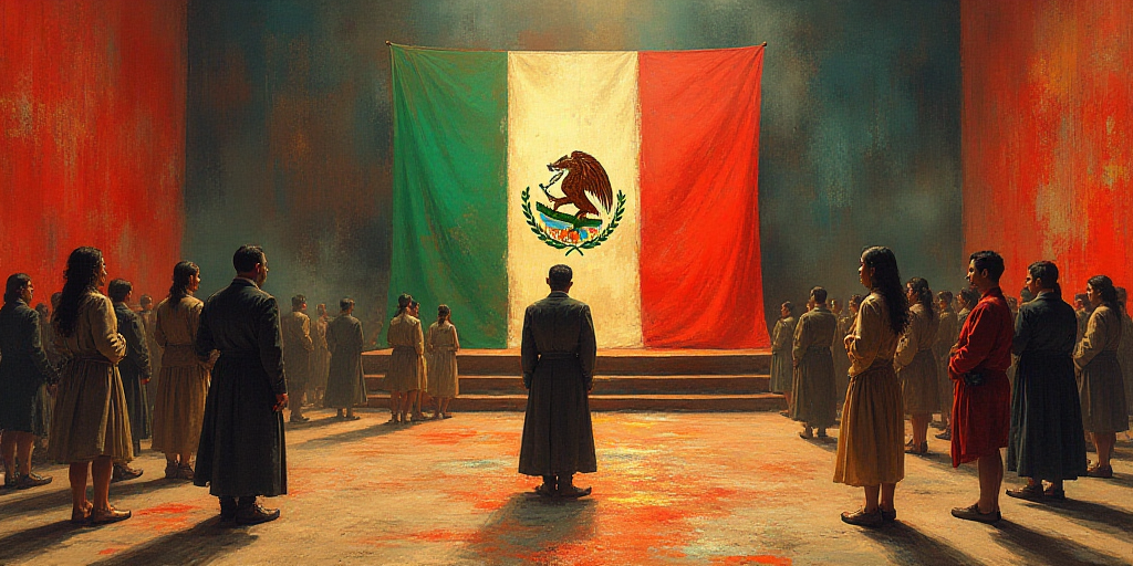 a group of people standing in a room with a flag on the wall and a stage with a flag on it, David Al