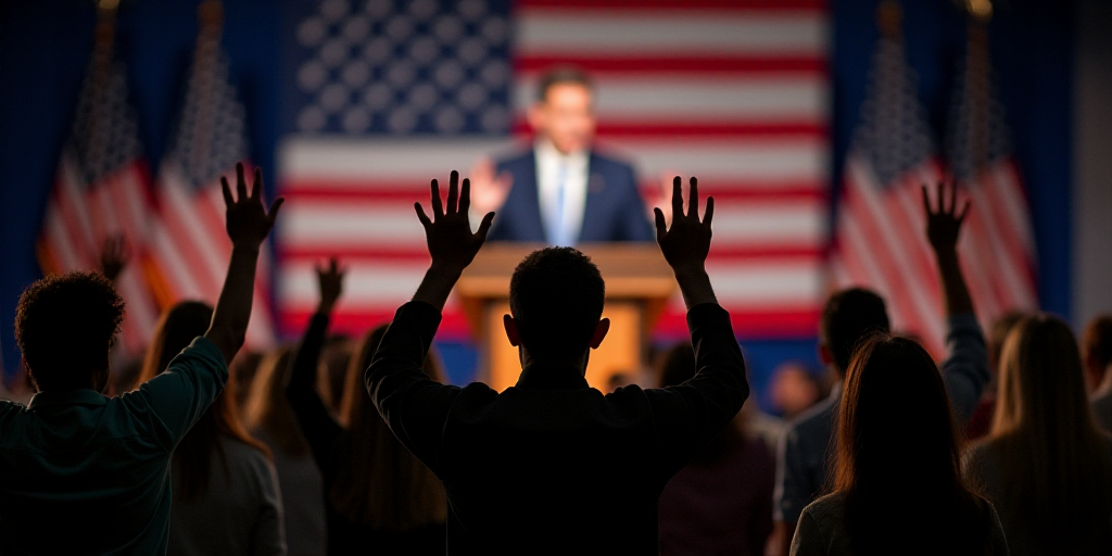 a group of people standing in front of a podium with their hands up in the air in front of them, Der