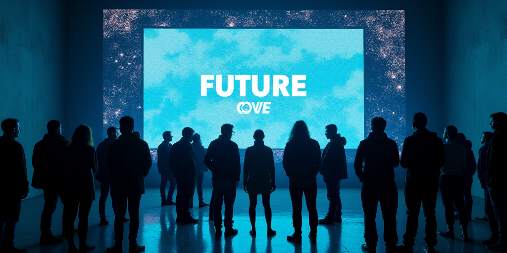 a group of people standing in front of a large screen with a message on it that says future cov futu