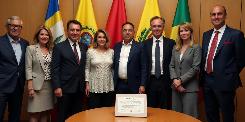 a group of people standing in front of a flag and a table with a plaque in front of them, Emma Ríos