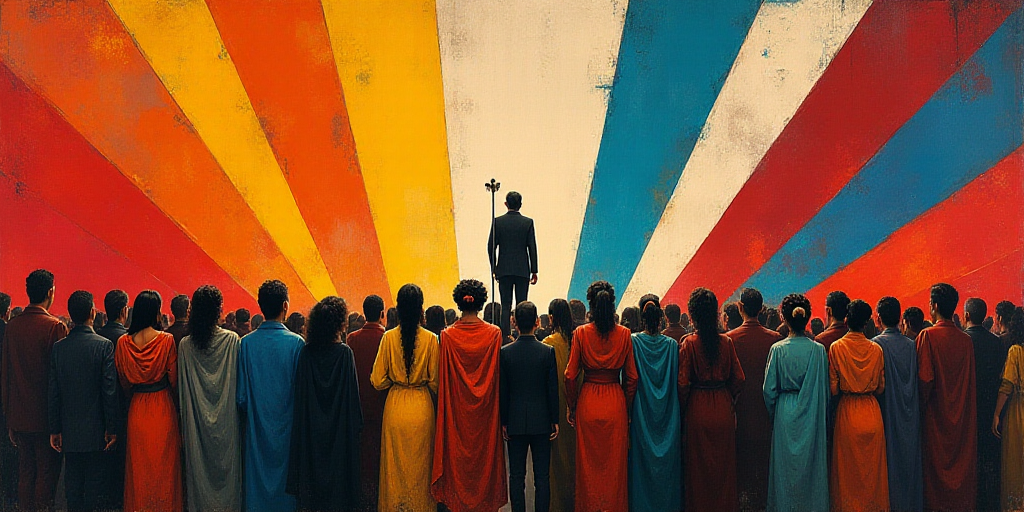 a group of people standing in front of a flag on a stage with a microphone in front of them, David A