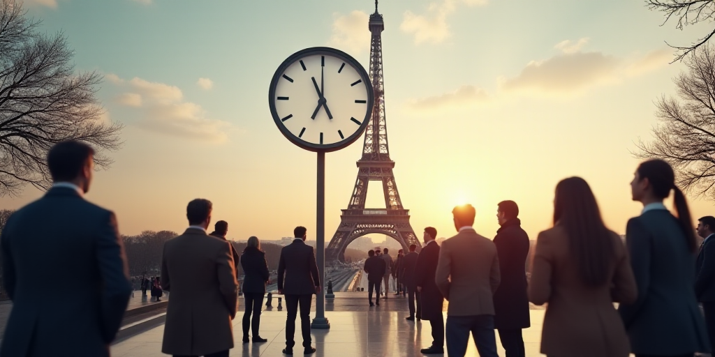 a group of people standing in front of the eiffel tower in paris, france, with a clock on it, Eric D