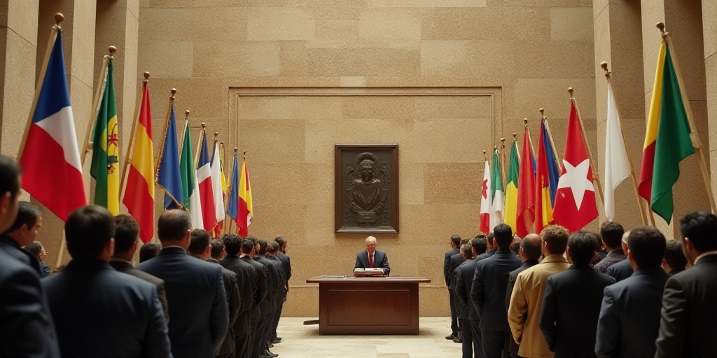a group of people standing in front of a table with flags on it and a plaque in the background, Davi