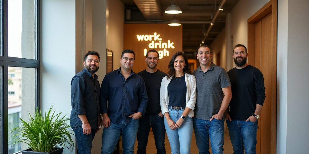 a group of people standing in a hallway next to a planter and a wall with a sign that says work drin