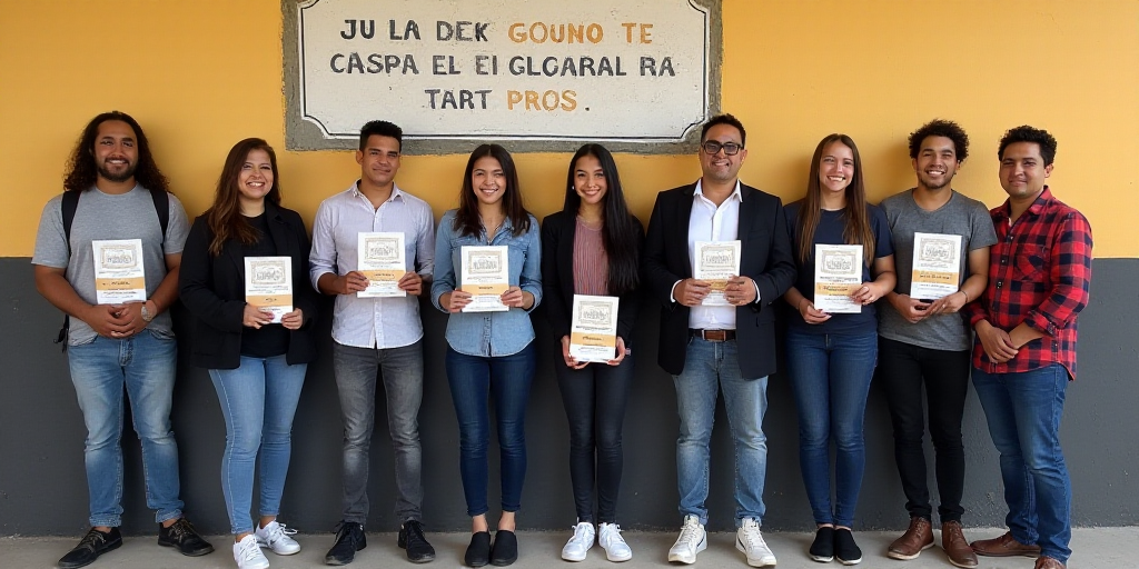 a group of people standing next to each other holding books in front of a wall with a sign on it, Ca