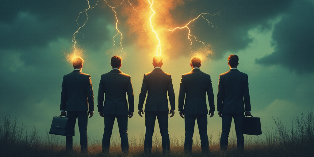 a group of people standing next to each other with a lightning bolt in their head and a briefcase in