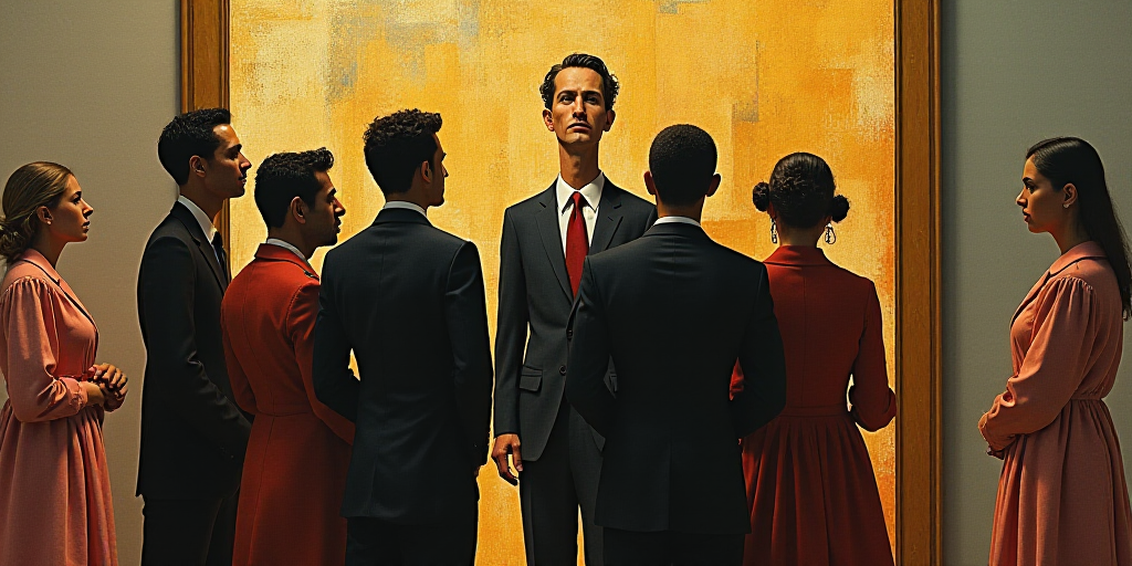 a group of people standing next to each other in front of a painting on a wall behind them is a man