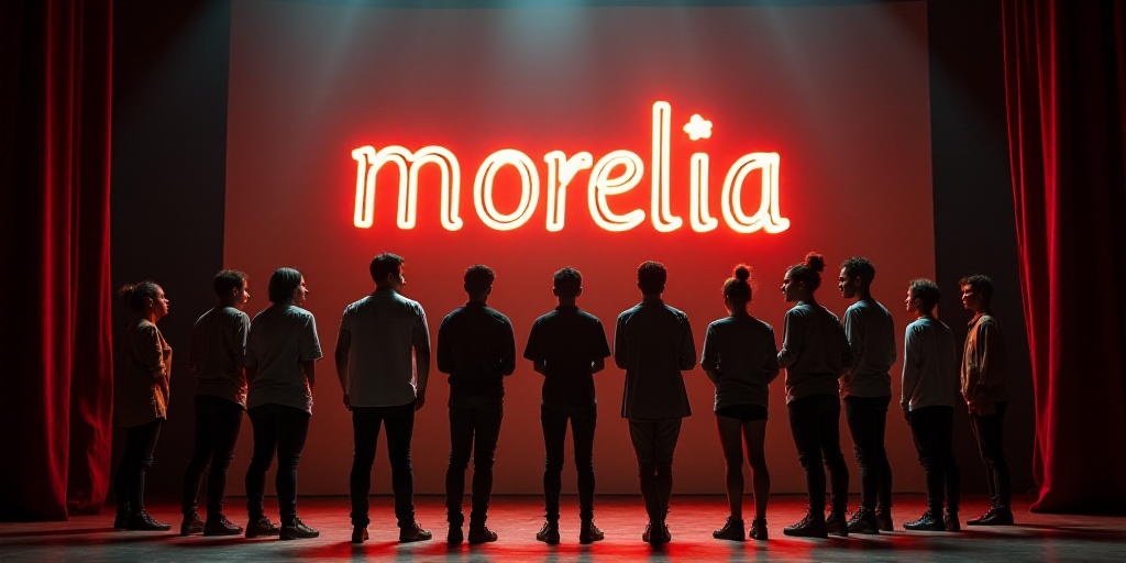 a group of people standing next to each other on a stage with a sign in the background that says mor