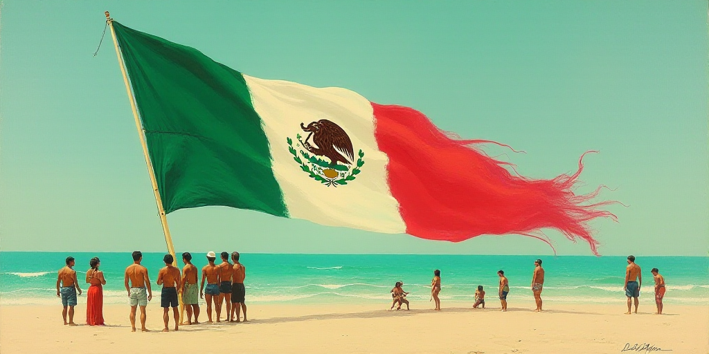a group of people standing next to a large mexican flag kite on a beach in the ocean with people sta