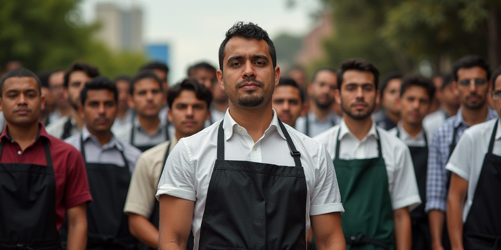 a group of people standing next to each other in front of a crowd of people wearing aprons and ties,