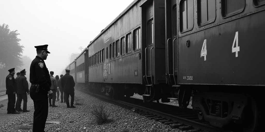 a group of people standing next to a train on a track with a police officer standing next to it, Est