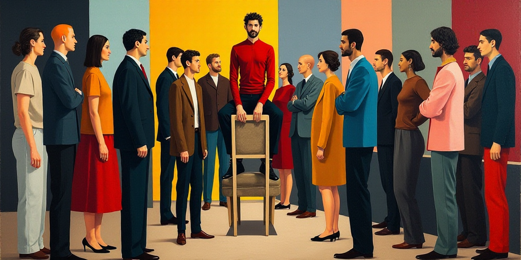 a group of people standing next to each other on a stage with a man in a red shirt on top of a chair