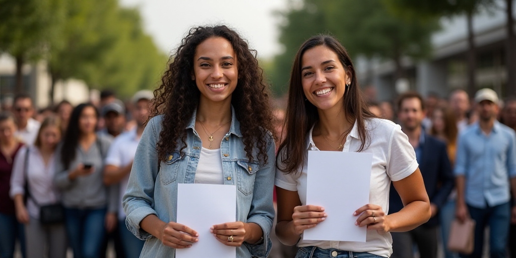 a group of people standing next to each other holding papers and smiling at the camera with a crowd