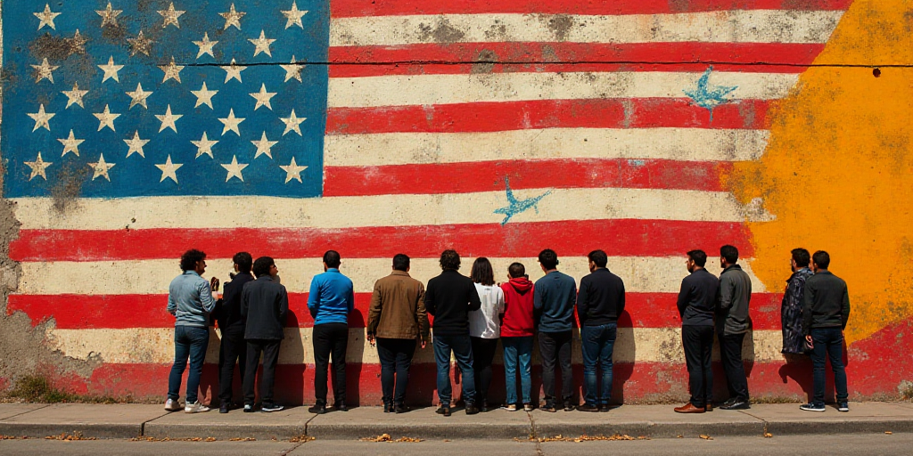 a group of people standing next to each other in front of a flag covered wall with a sign that reads