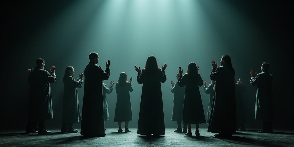 a group of people standing on a stage with their hands up in the air and clapping to someone else, E