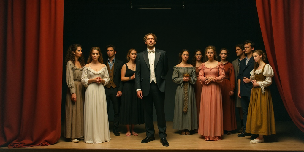 a group of people standing on a stage with a man in a suit and tie on the stage and a woman in a dre