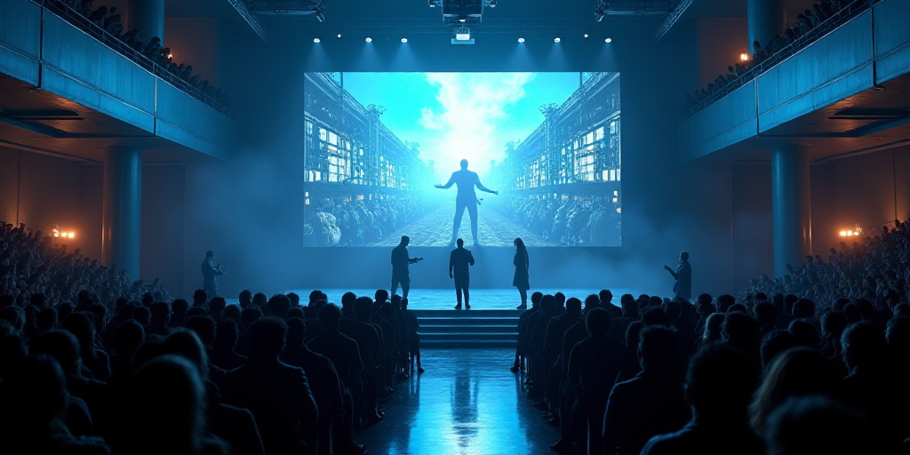 a group of people standing on a stage watching a television show on a big screen in a building with