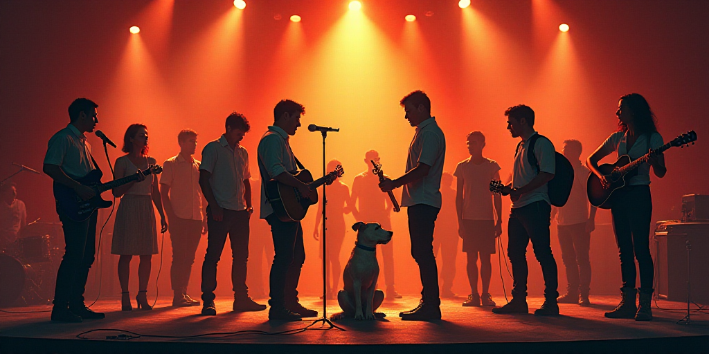 a group of people standing on a stage with a dog and a guitar player in front of them and a dog on t