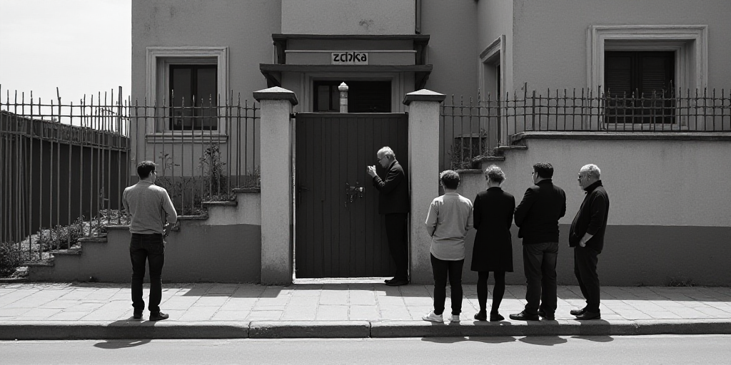 a group of people standing on a sidewalk next to a building with a fence and a gate with a man holdi