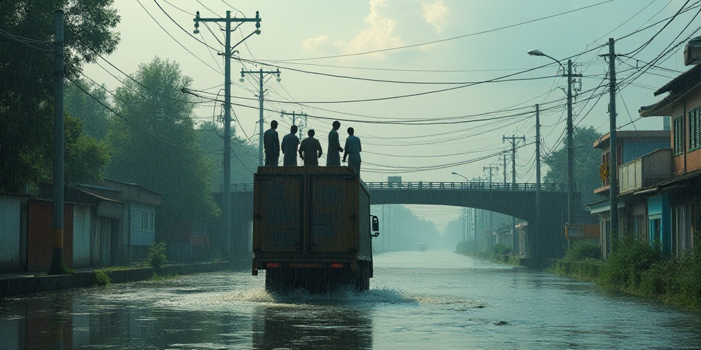 a group of people standing on top of a truck in a flooded street next to a bridge and a traffic ligh