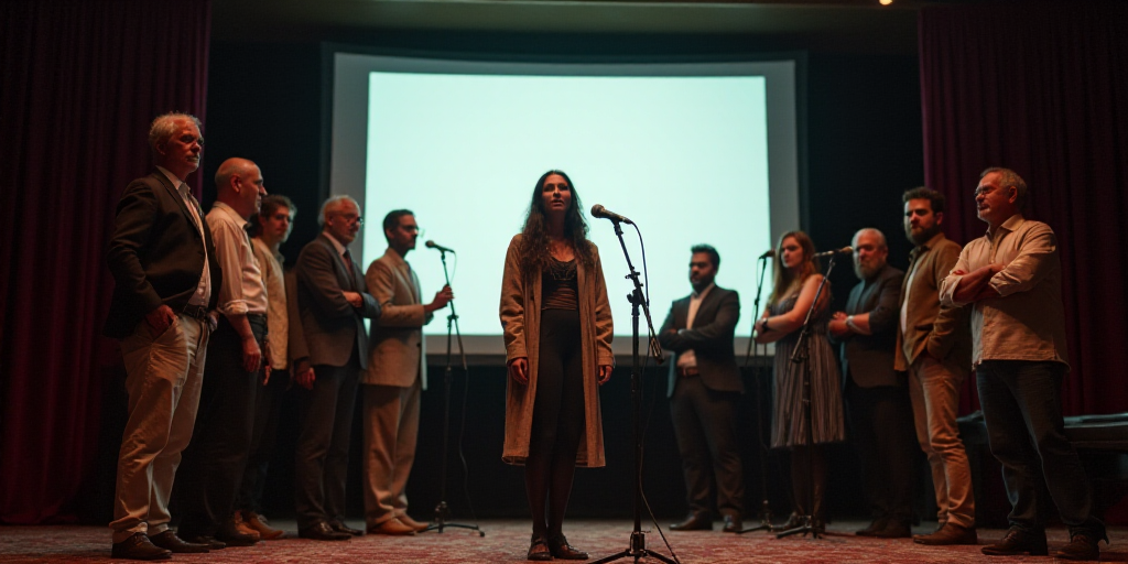 a group of people standing on a stage with microphones in front of them and a screen behind them, Ar