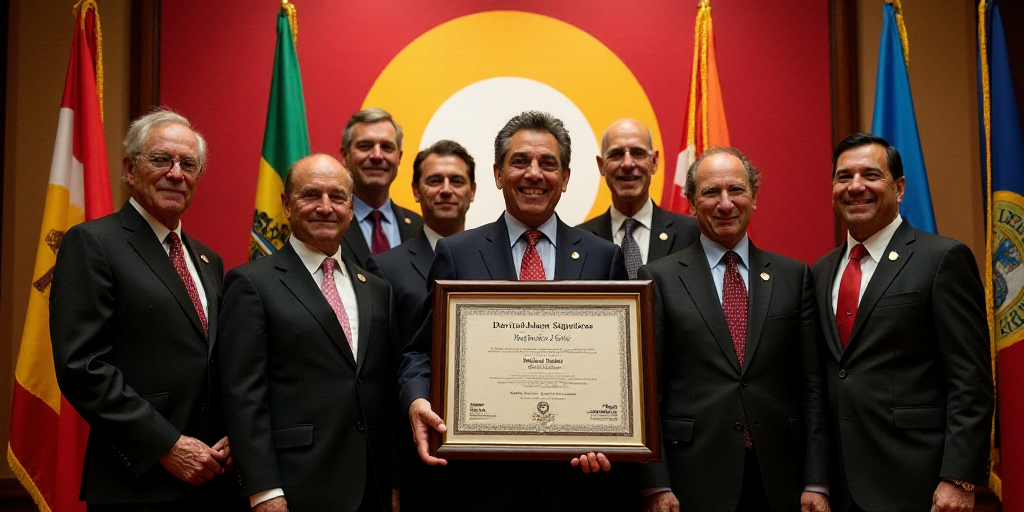 a group of people standing on a stage with a flag behind them and a plaque in front of them, David A