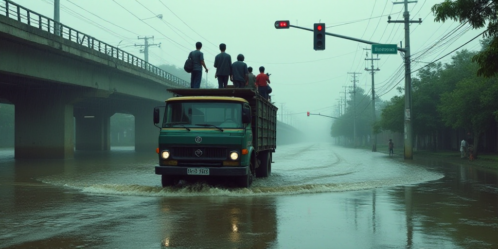 a group of people standing on top of a truck in a flooded street next to a bridge and a traffic ligh