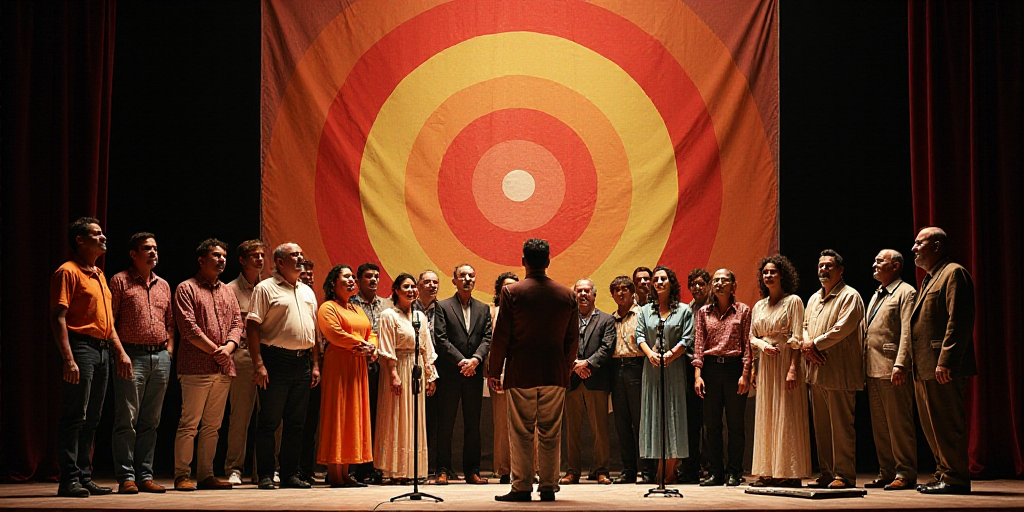 a group of people standing on a stage with microphones in front of them and a banner behind them, Da
