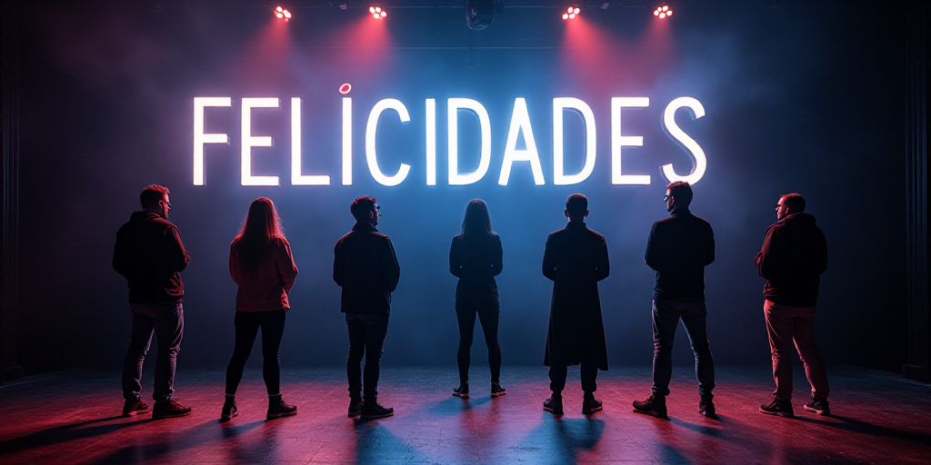 a group of people standing on a stage with a sign in front of them that says felicidades, Aquirax Un