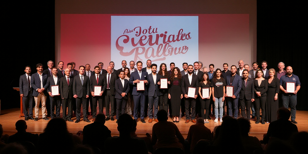 a group of people standing on a stage holding awards in front of them with a banner behind them that