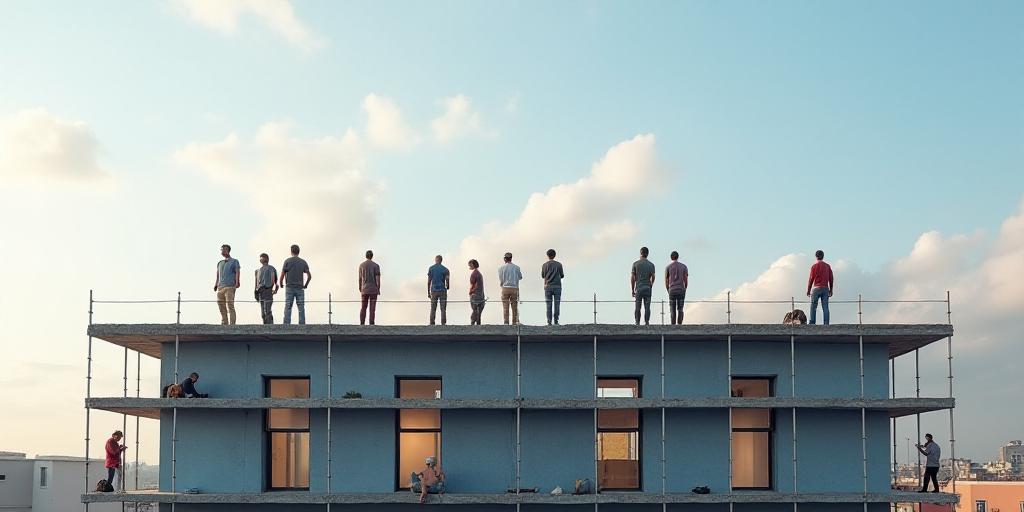 a group of people standing on top of a building under construction with a sky background and a few p