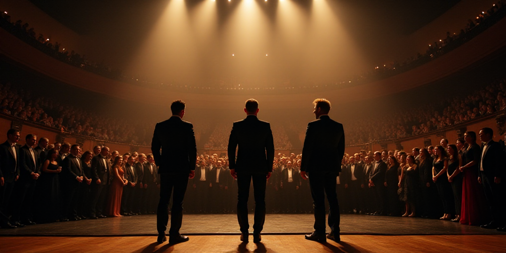 a group of people standing on a stage in front of a large audience of people in suits and ties, Carl