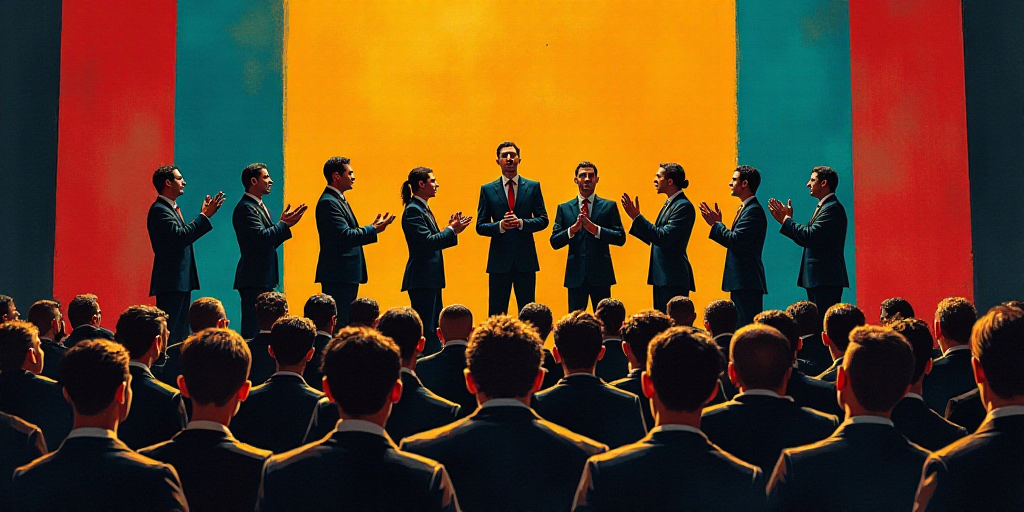 a group of people standing on a stage clapping hands in front of a crowd of people in suits and ties