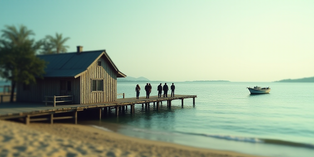 a group of people standing on a pier next to a house on the beach with a boat in the water, Estuardo