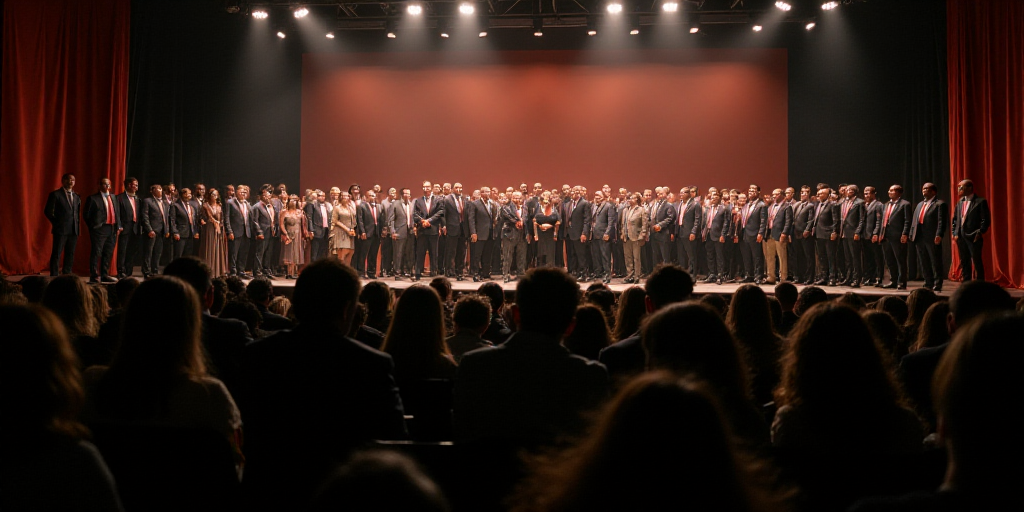 a group of people standing on a stage in front of a crowd of people in suits and ties,, Araceli Gilb