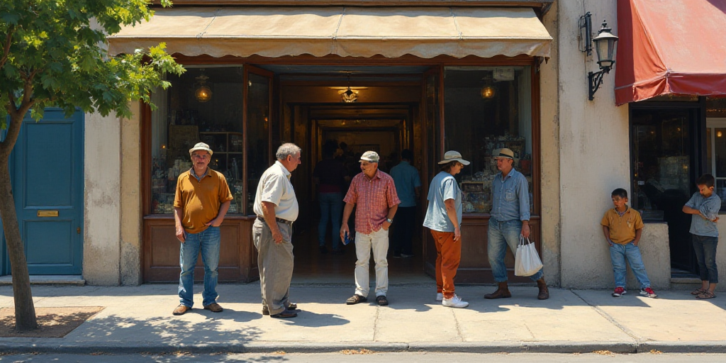 a group of people standing outside of a store front with a man walking by the entrance of the store,