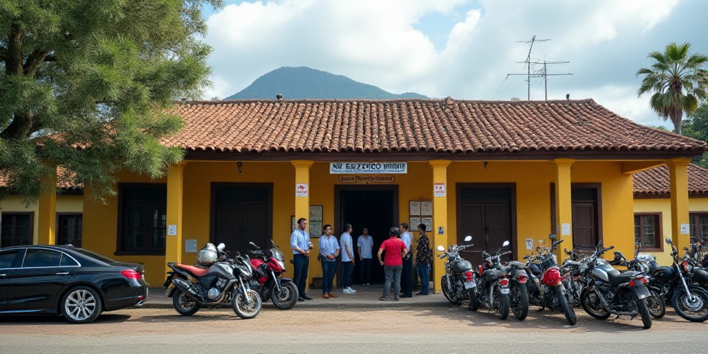 a group of people standing outside of a building with motorcycles parked in front of it and a car pa