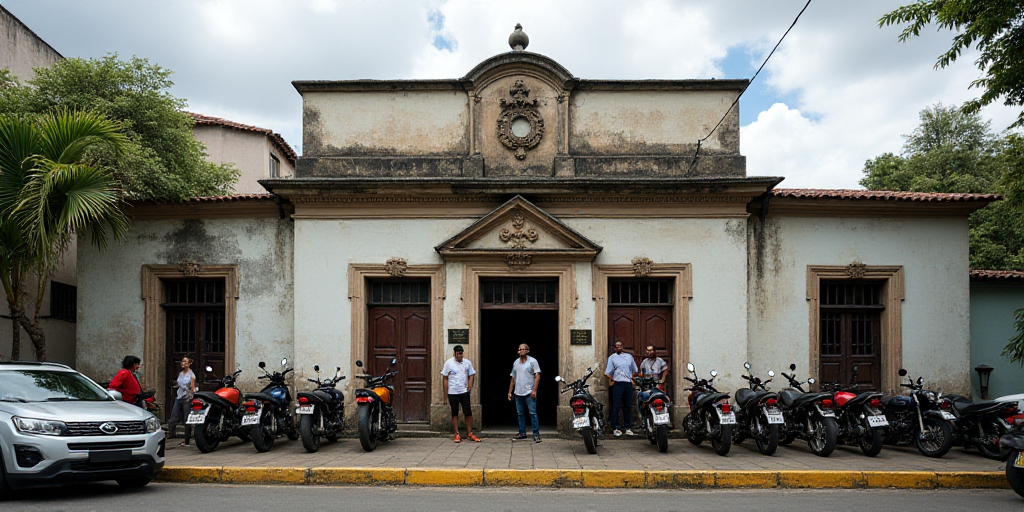 a group of people standing outside of a building with motorcycles parked in front of it and a car pa