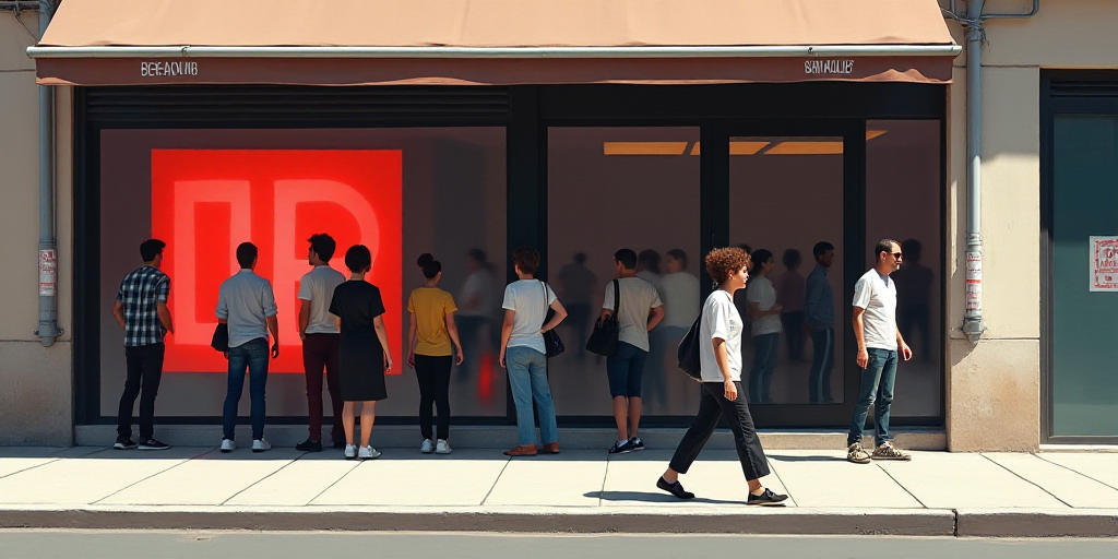 a group of people standing outside of a store front with a red and white sign on the door and a woma