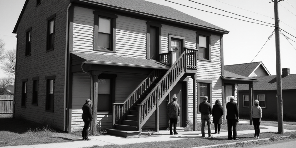 a group of people standing outside of a building with a staircase leading to a second story window a
