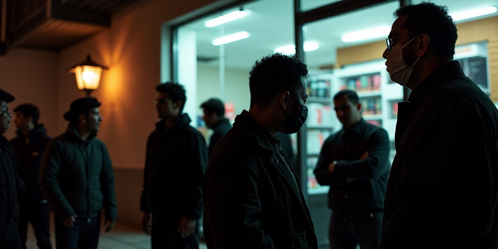 a group of people standing outside of a store at night time with a person wearing a mask on their fa